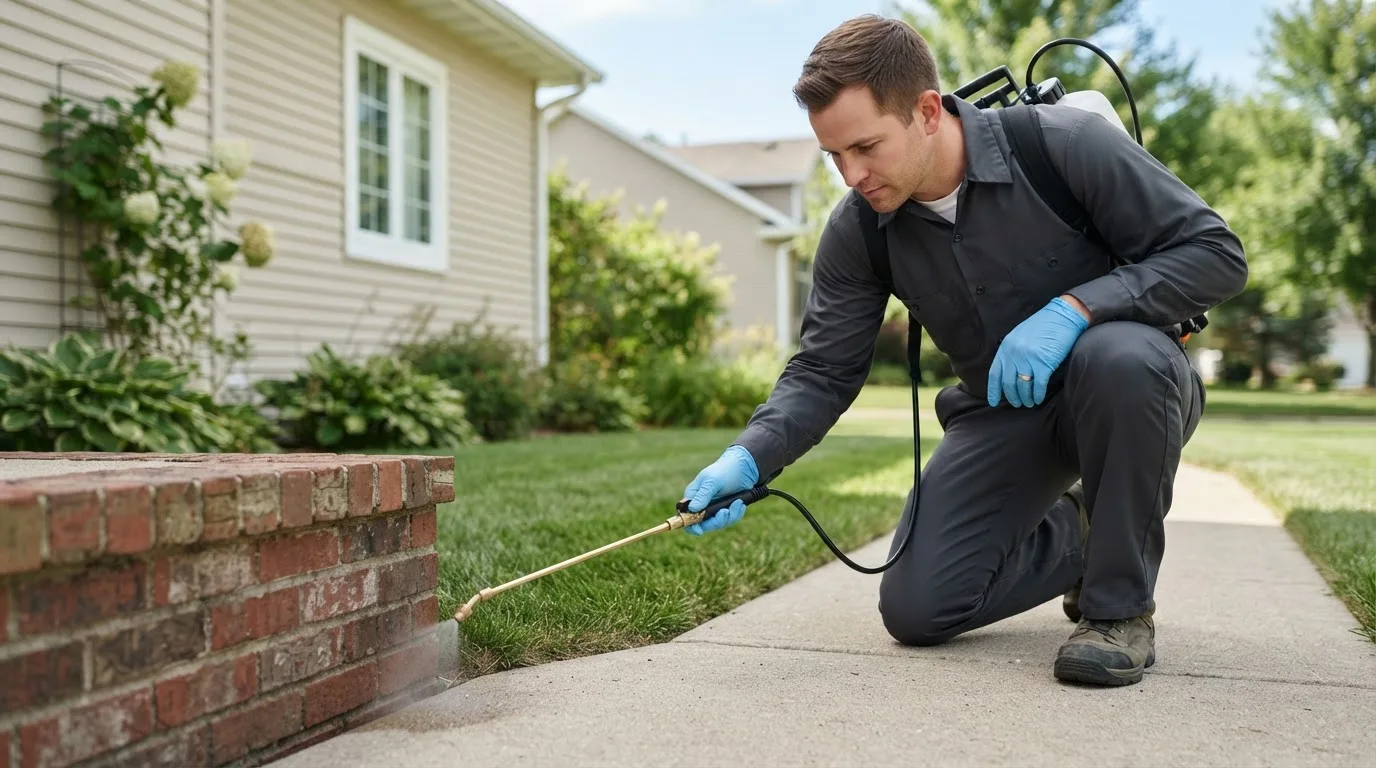 Pest control technician treating a home near Ranchos De Taos, NM